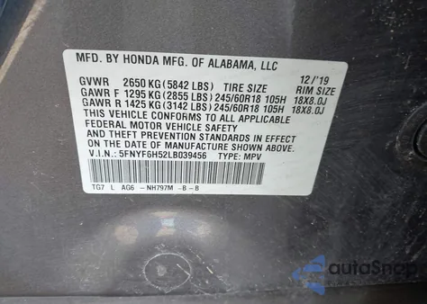 2020 Honda Pilot Awd Ex-L from USA, damaged, VIN 5FNYF6H52LB039456